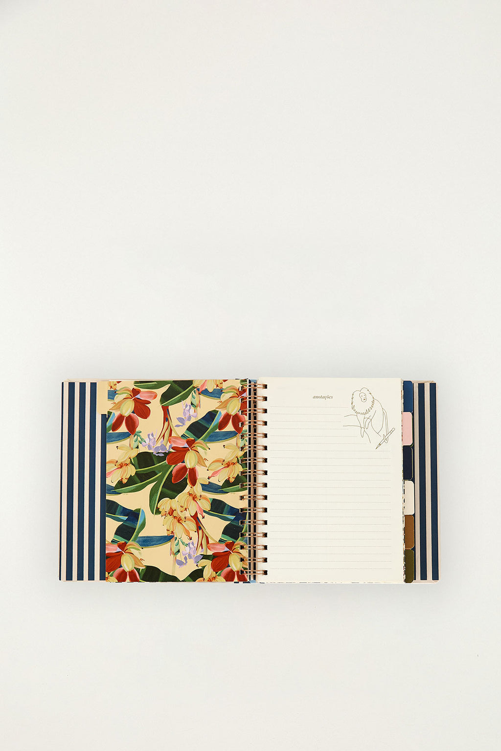 Planner Bem Vindo Ao Paraíso Farm Etc azul aberto, mostrando folha pautada, página estampada com flores e divisórias colorida