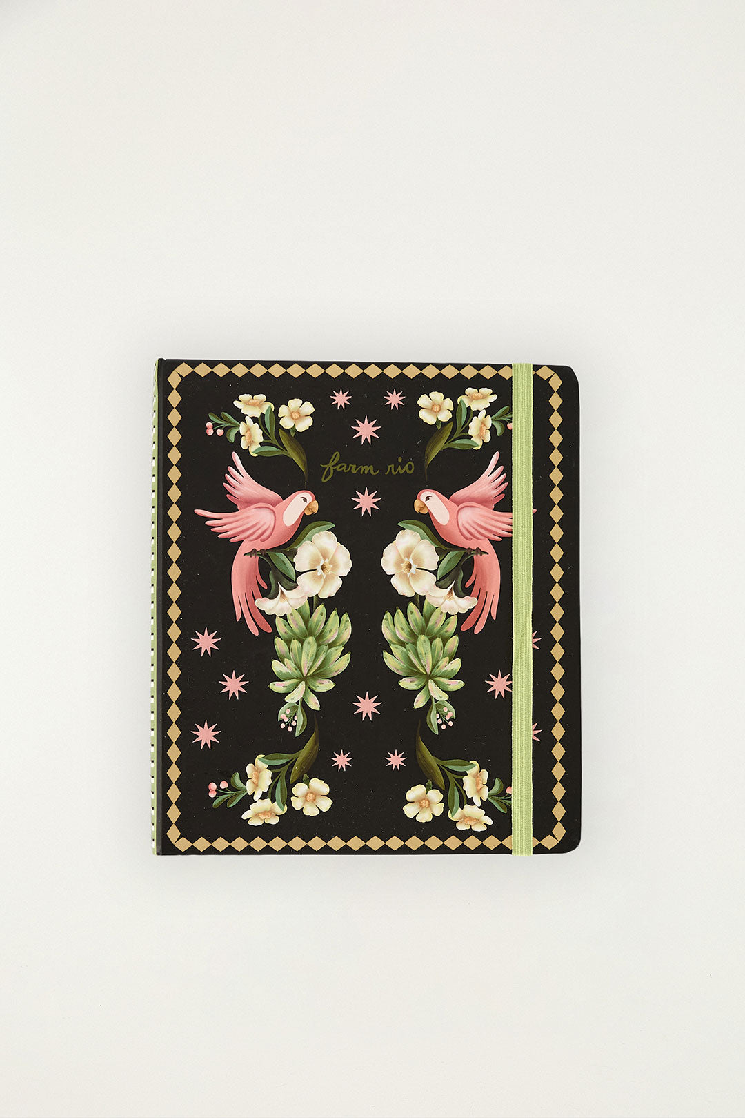 Planner Encantos da Mata Farm Etc preto com estampa de papagaios rosa, flores e bordas douradas, vista frontal