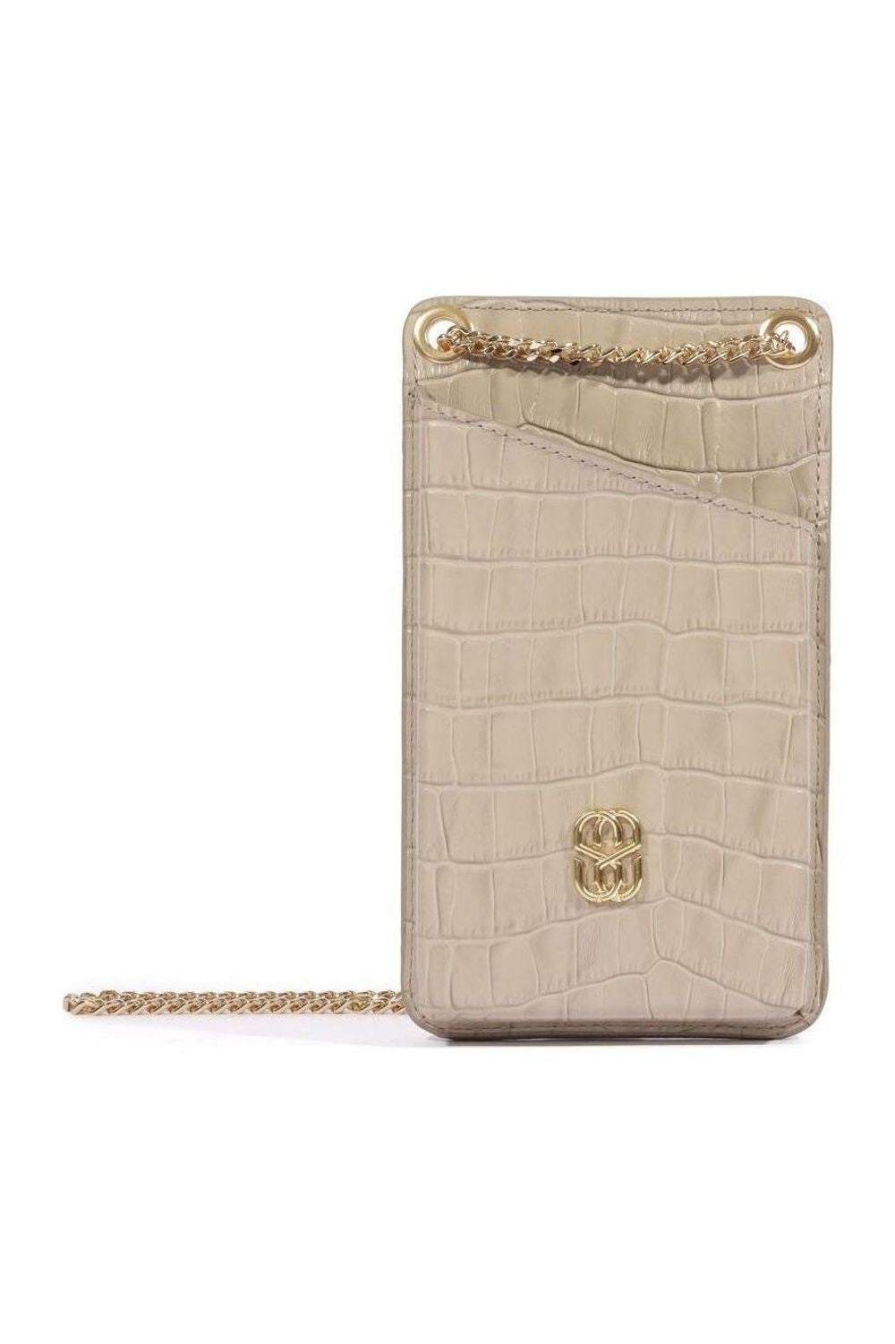 Porta cartão celular Schutz croco bege com corrente dourada e logo dourado na frente