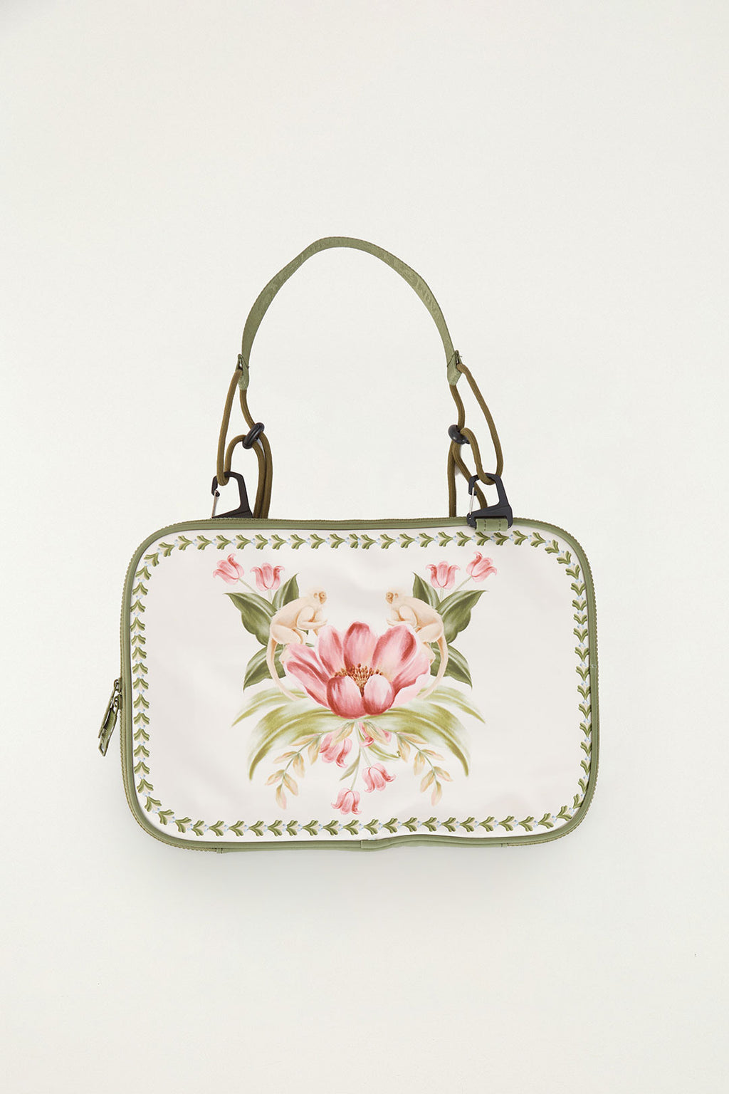 Porta Notebook Farm Jardim Barbara off-white com flor rosa central e bordas verdes, visto de costas