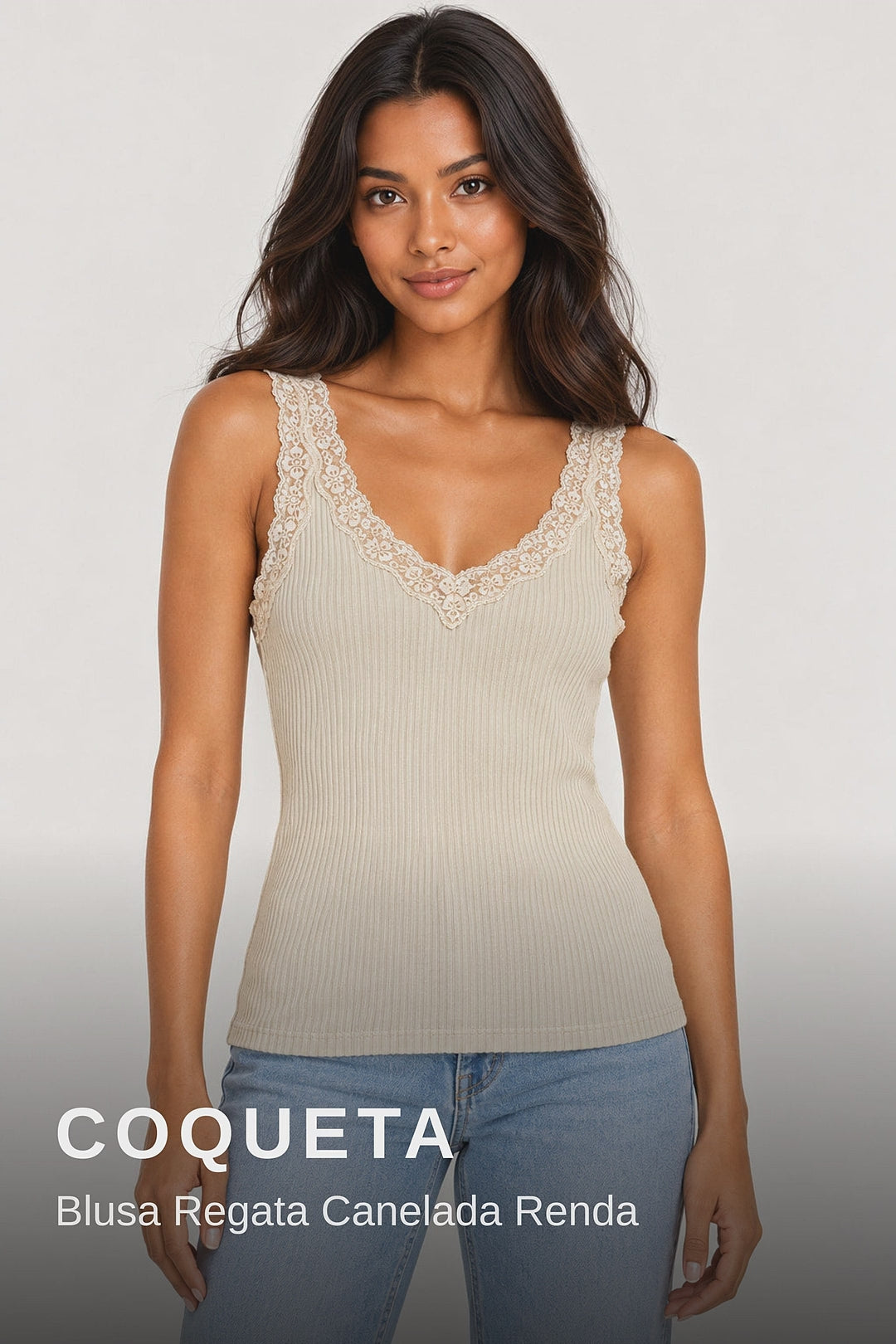 Coqueta Blusa Regata Canelada Renda