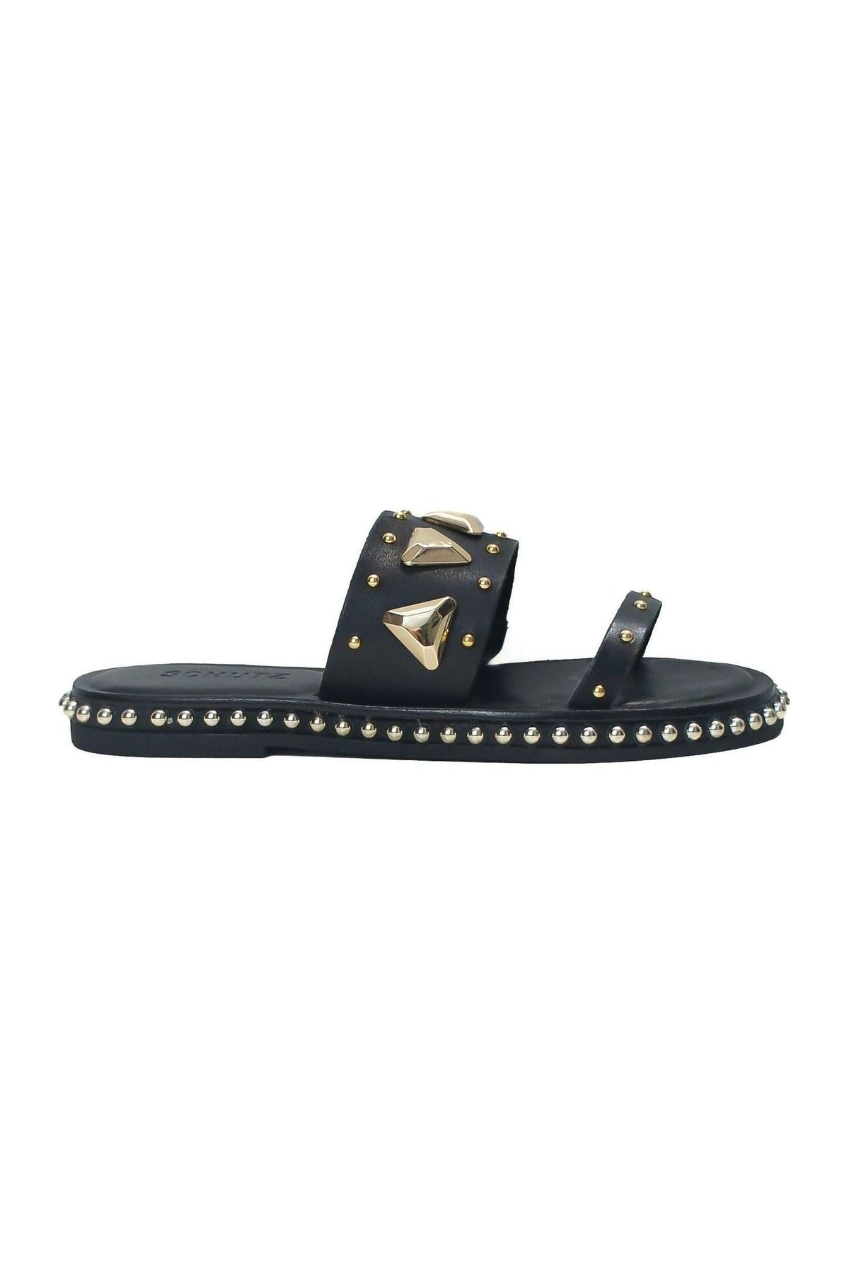 Rasteira Schutz com detalhes triângulo dourado e tachas, preta, vista lateral com tachas na borda da sola Imagem principal do produto