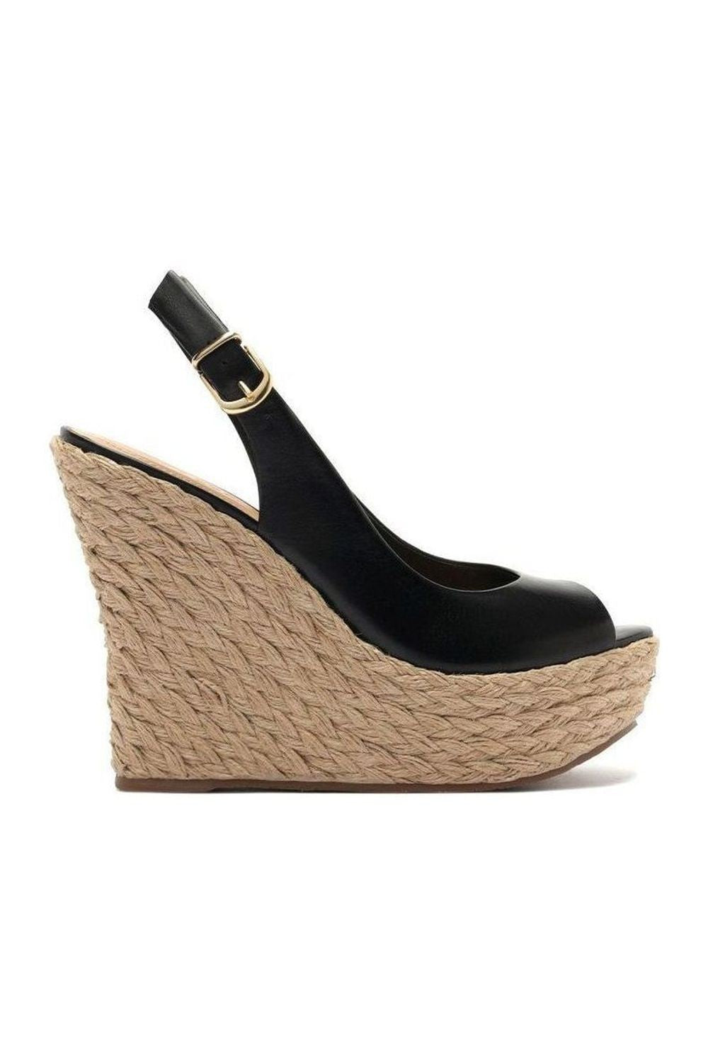 Sandália Arezzo preta plataforma alta peep toe com salto anabela de juta trançada, vista lateral com tira traseira e fivela d Imagem principal do produto