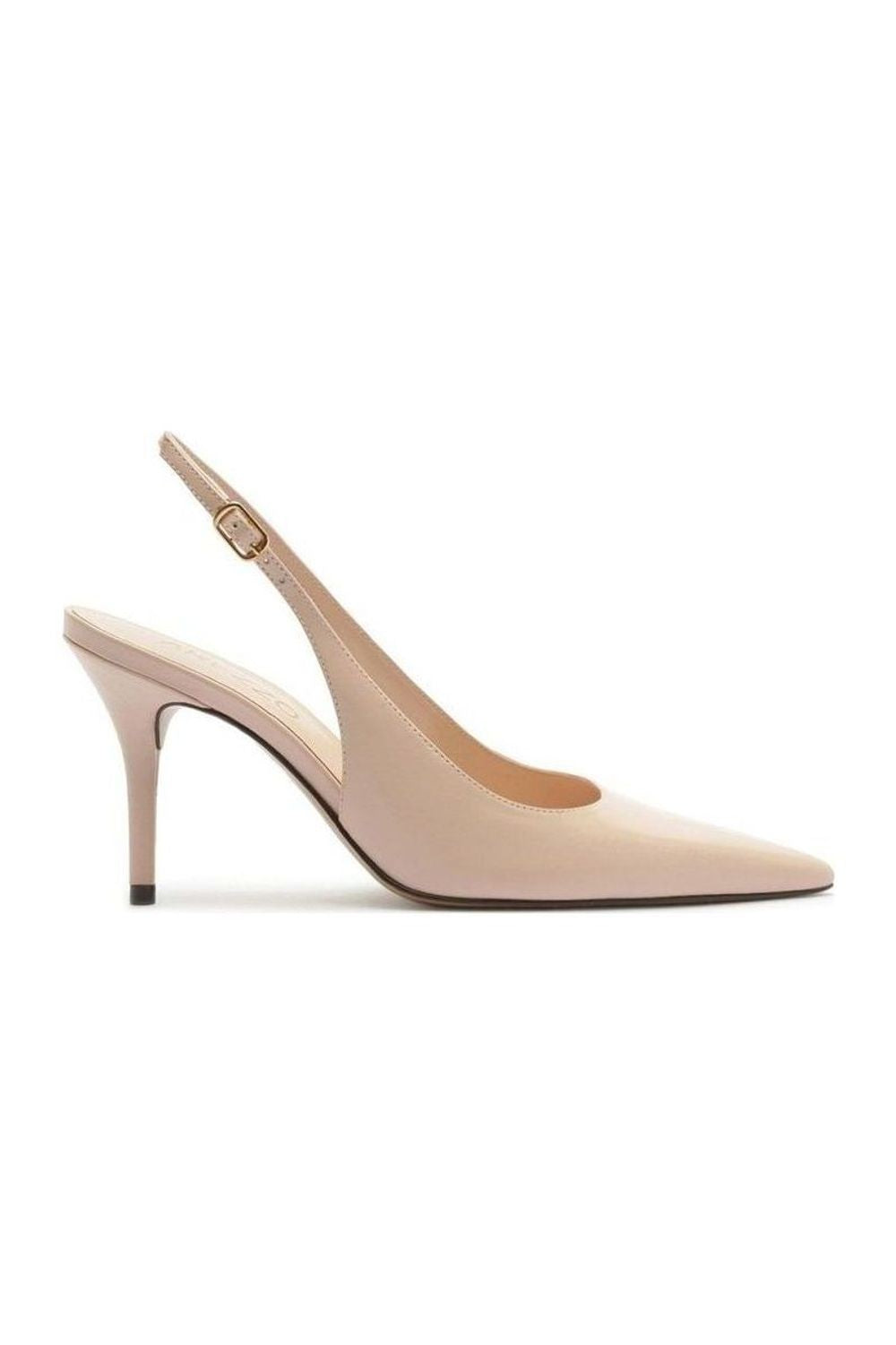 Scarpin Arezzo rosa de salto fino com fivela slingback, vista lateral em fundo branco
