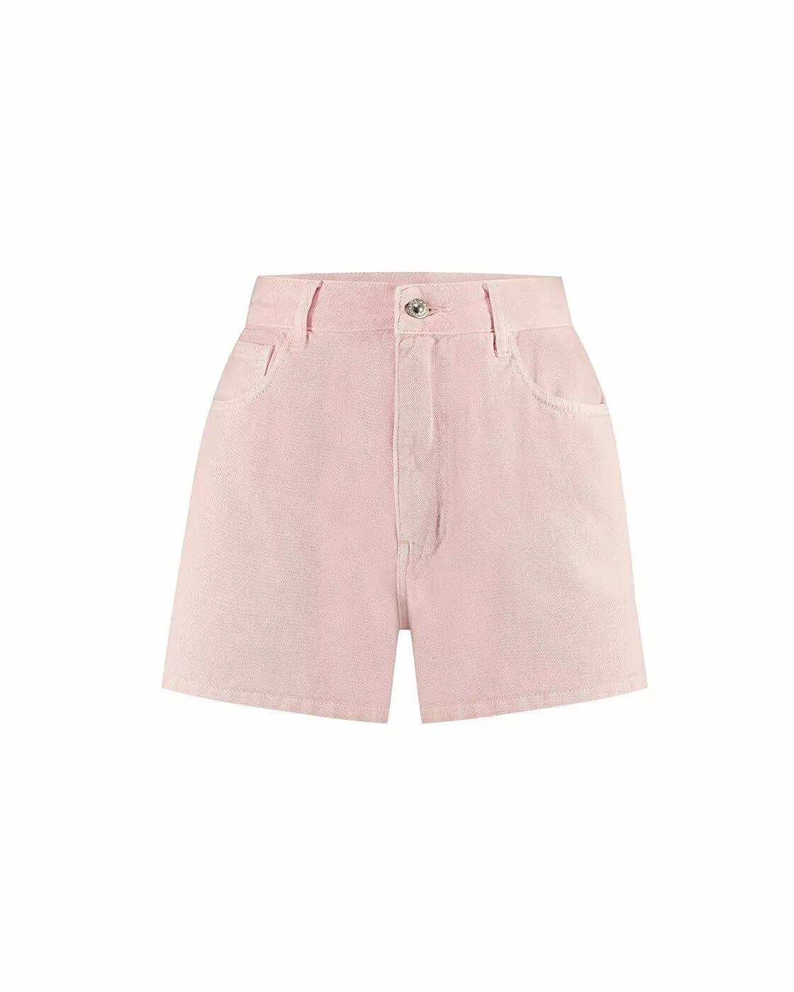 Short Baggy Botanic Alcance rosa de cintura alta com botão, bolsos laterais e barra reta, fundo branco