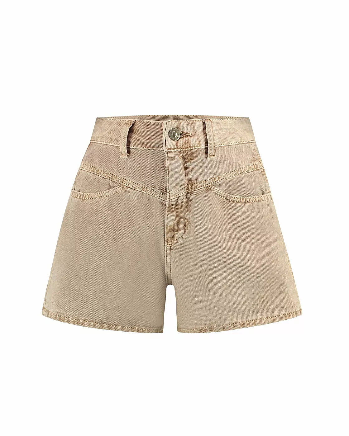 Short Mom Austin Alcance caqui de cós alto, com bolsos traseiros e recortes frontais, visto de frente sobre fundo branco