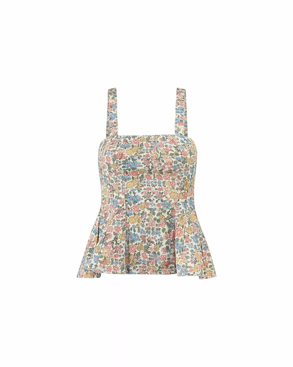 Top peplum Alcance estampado de flores em tons pastel, alças largas e barra com volume, fotografado de frente sobre fundo bra