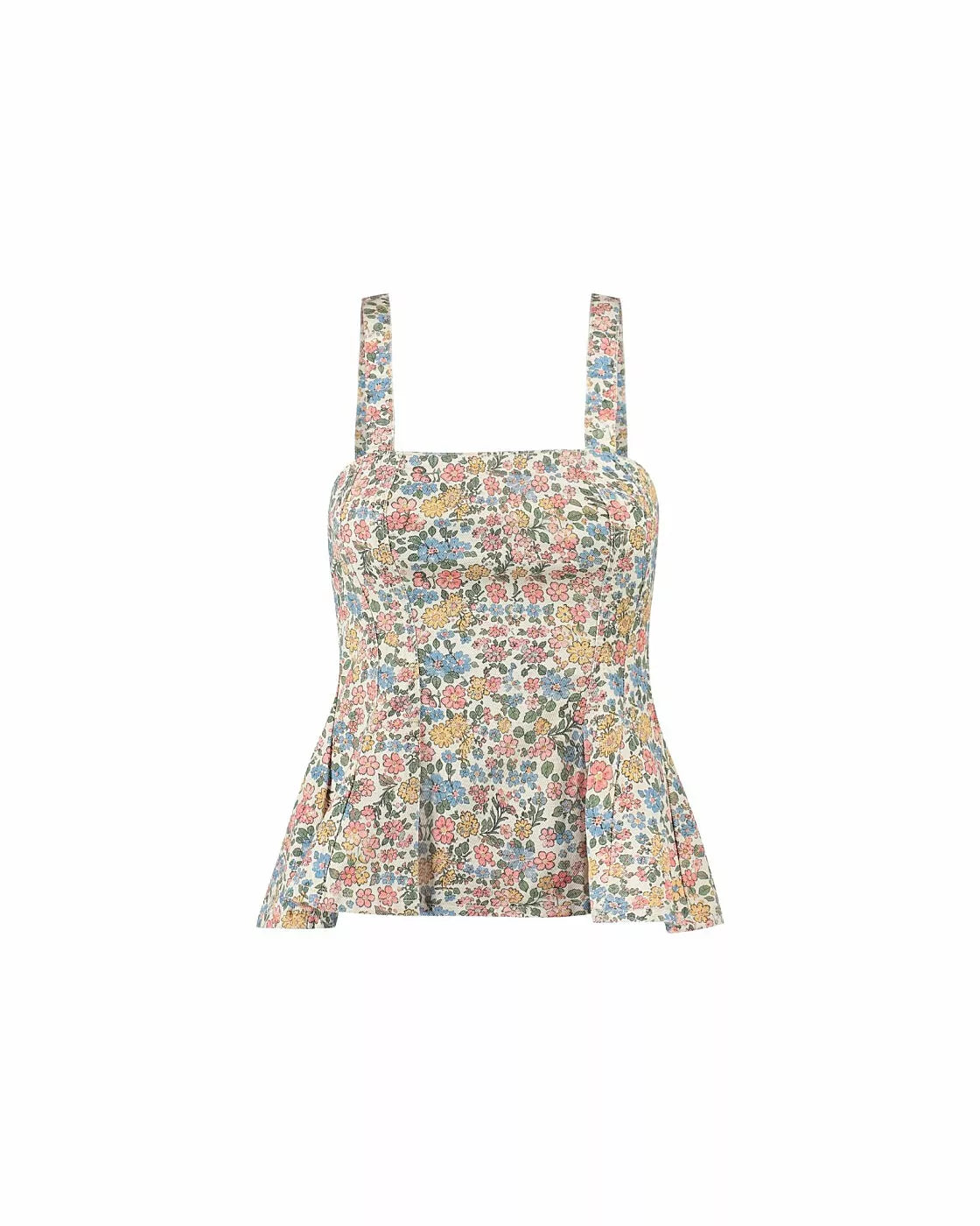 Top peplum Alcance estampado de flores em tons pastel, alças largas e barra com volume, fotografado de frente sobre fundo bra