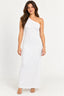 Branco | Vestido Ombro Bandagem Skenn branco, longo e justo, vestido em modelo de frente com sandálias nude