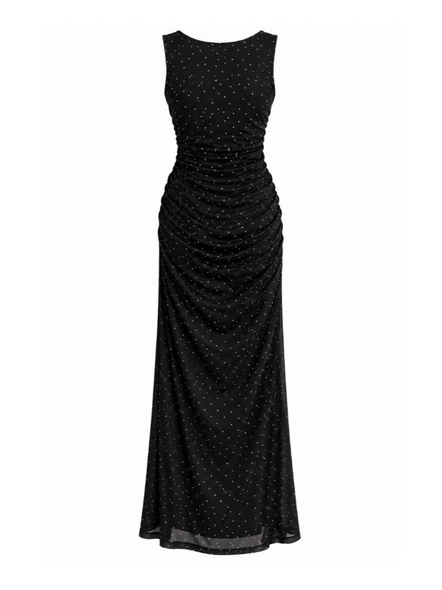 Vestido Skenn preto longo de tule com pontinhos brilhantes e franzidos laterais, peça vista de costas com decote redondo
